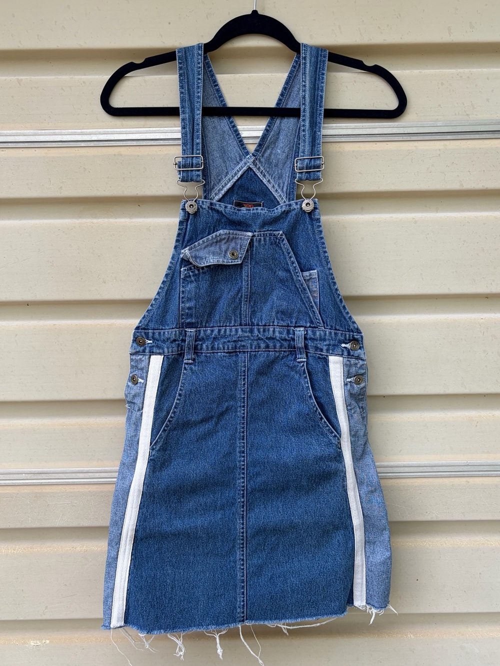 Route 66 denim overall dress with white trim frayed edge girls XL/women’s XS